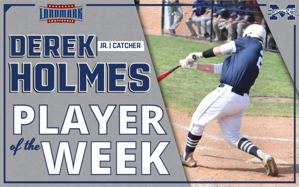 Action picture of Derek Holmes for Landmark Conference Baseball Athlete of the Week graphic