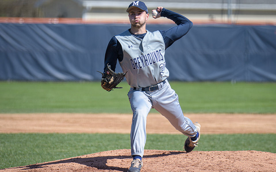 Junior Tyler Valentine delivers a pitch early in the Greyhounds' game at Keystone College. Photo courtesy of Spencer Honda, Keystone College Sports Information