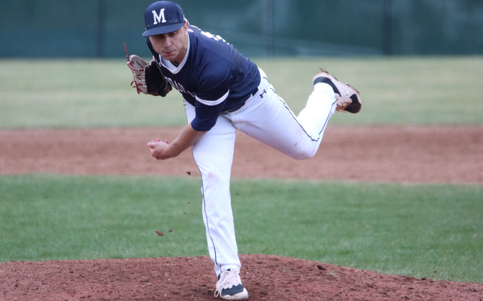 Junior Garrison Koch delivers a pitch in a game versus New Jersey City University in March 2022 at Gillespie Field. Photo by Ashley Hacker '25