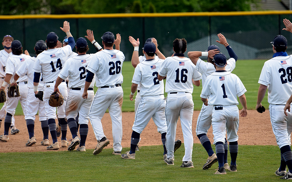 The Greyhounds celebrate a Landmark Conference Tournament victory over Susquehanna University at Gillespie Field on May 13, 2021. Photo by Lauren Grossmith '21