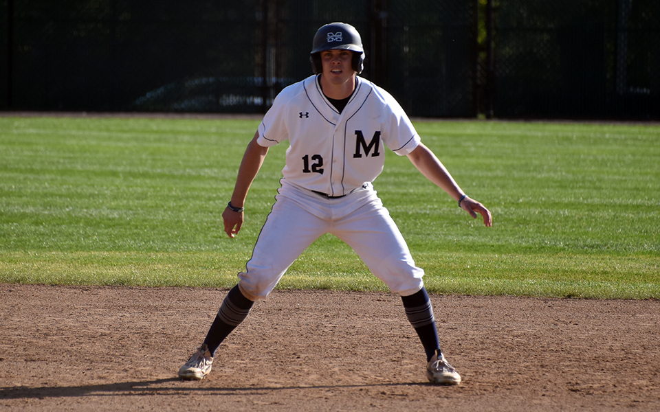Junior outfielder Patrick Benolken leads away from second base after a double versus DeSales University at Gillespie Field. Photo by Christine Fox