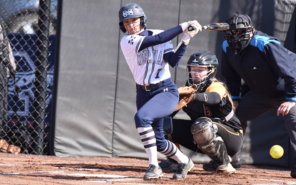 Sophomore Holly Walter hits the ball in a game versus Ursinus College at Blue & Grey Field to open the 2023 home season. Photo by Christine Fox