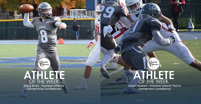 Doug Erney '21 and Aaron Hudson '18 named as the Centennial Conference Football Offensive and Special Teams Athletes of the Week.