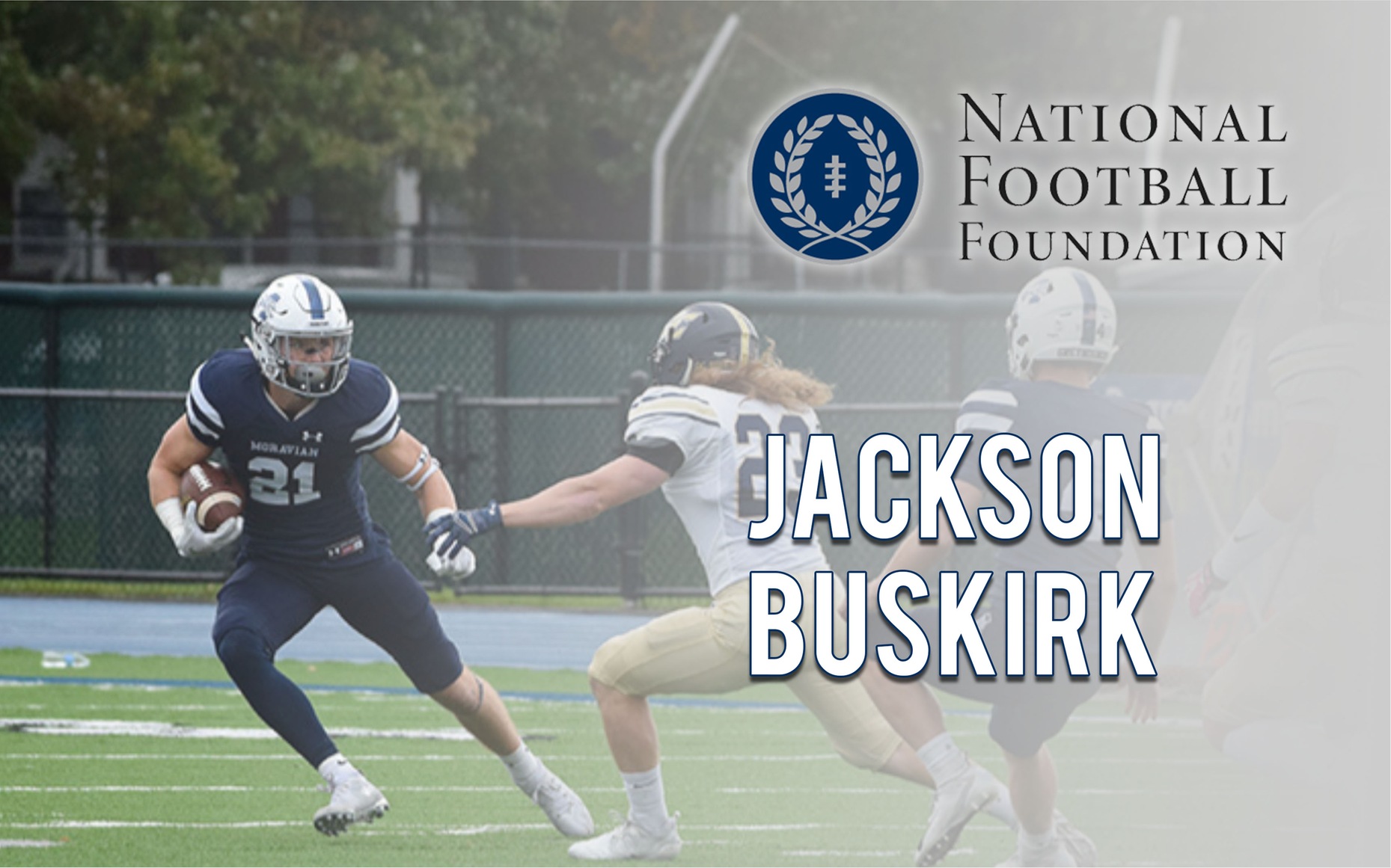 Jackson Buskirk returns a punt as the background for a graphic on him being named to the National Football Foundation's semifinalist for the 2020 William Campbell Trophy.