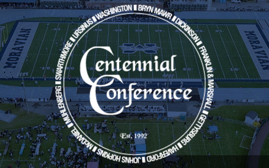 Rocco Calvo Field in background on Homecoming with Centennial Conference logo.