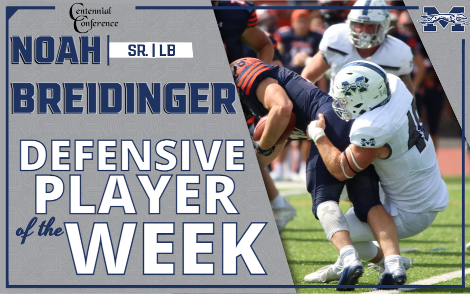 Noah Breidinger, the Centennial Conference Defensive Player of the Week, makes a tackle at Gettysburg College.