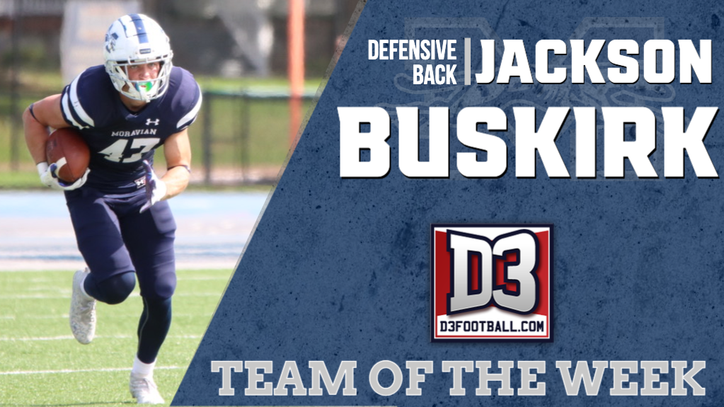 Jackson Buskirk returns an interception in D3football.com Team of the Week graphic