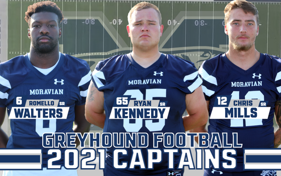 headshots of Romello Walters, Ryan Kennedy and Chris Mills as captains of the Moravian football team