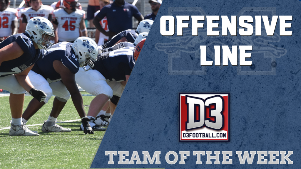 The Moravian offensive line for D3football.com Team of the Week graphic.