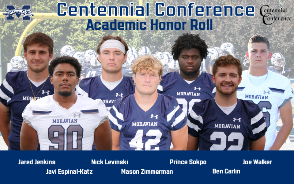 Head shots of seven football players to make the Centennial Conference Fall Academic Honor Roll.
