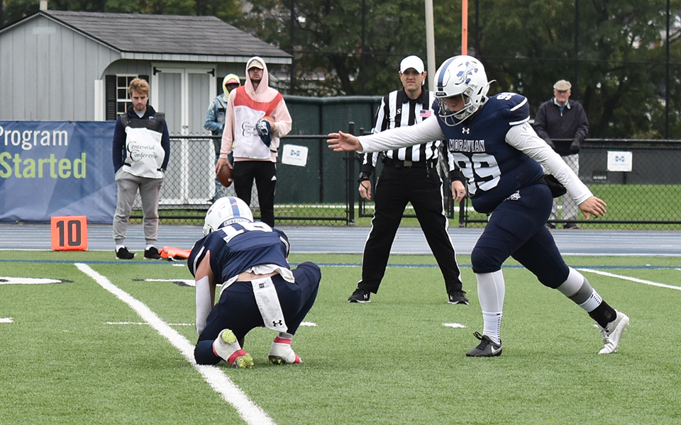 Sophomore Sam Bingaman attempts an extra-point versus Juniata College at Rocco Calvo Field. Photo by Jordyn Itterly '25