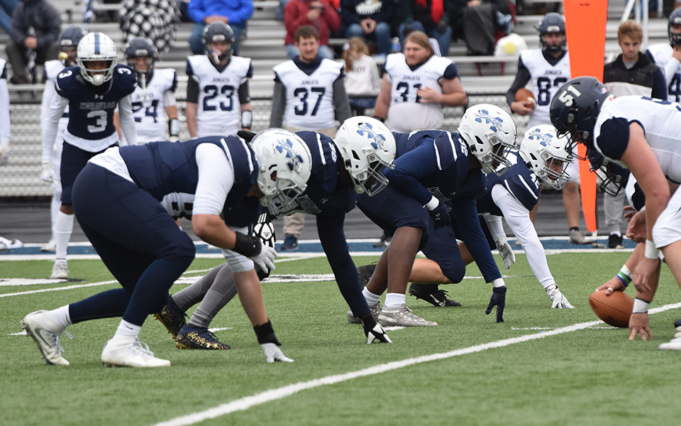 The Greyhounds defensive line awaits a snap versus Juniata College at Rocco Calvo Field. Photo by Jordyn Itterly '25