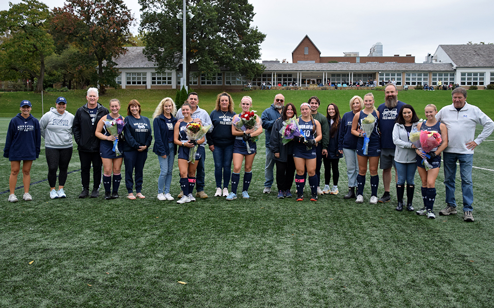 Moravian's 2023 seniors and their families on Senior Day before the Greyhounds hosted Lycoming College on John Makuvek Field. Photo by Christine Fox