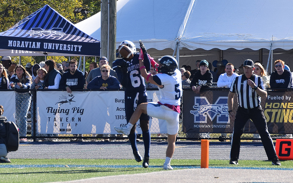 Graduate student wide receiver Jordan Bingham pulls in a second quarter touchdown versus Juniata College at Rocco Calvo Field on Homecoming. Photo by Abby Smith '27