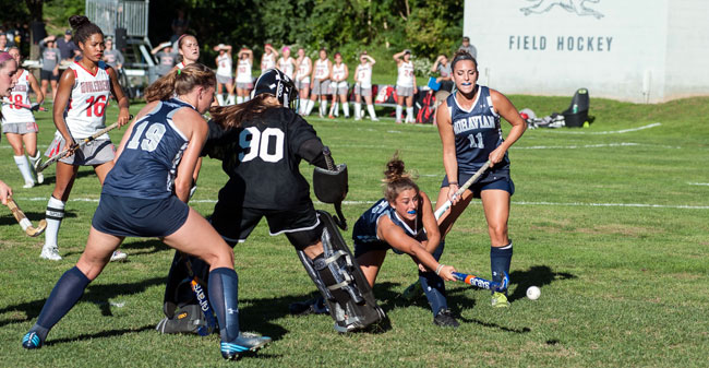 Junior forward Cayley Wise cleans up the game-winning goal emphatically in Moravian's 2-1 win over rival Muhlenberg on Wednesday at Betty Prince Field.