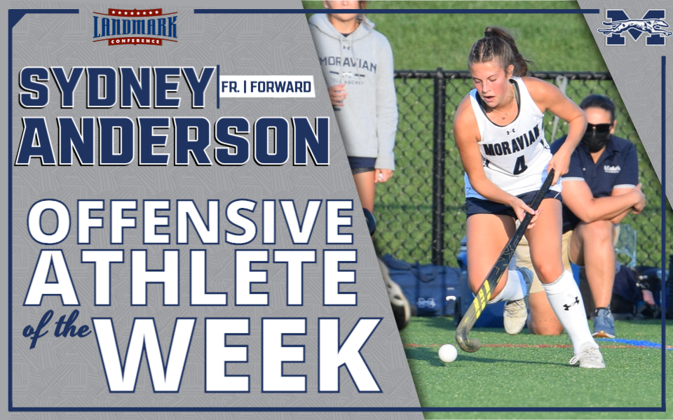 Sydney Anderson dribbling on the field at DeSales University in Athlete of the Week graphic