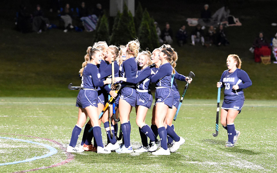 The Greyhounds celebrating after scoring a goal in the Landmark Conference Semifinals on John Makuvek Field.