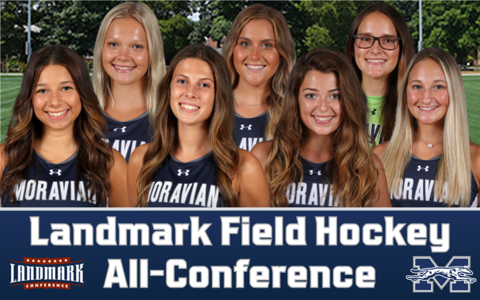 Head shots of Moravian's seven Field Hockey Landmark All-Conference selections