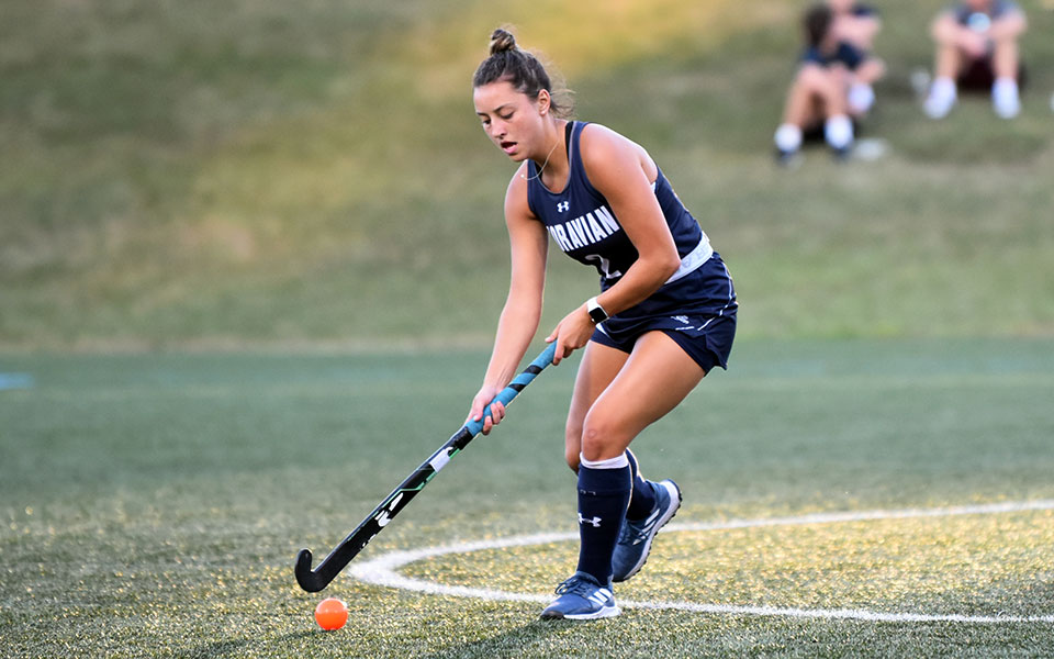 Junior Sarah Bietka moves the ball up the field in a match versus DeSales University earlier in the 2022 season on John Makuvek Field. Photo by Mairi West '23
