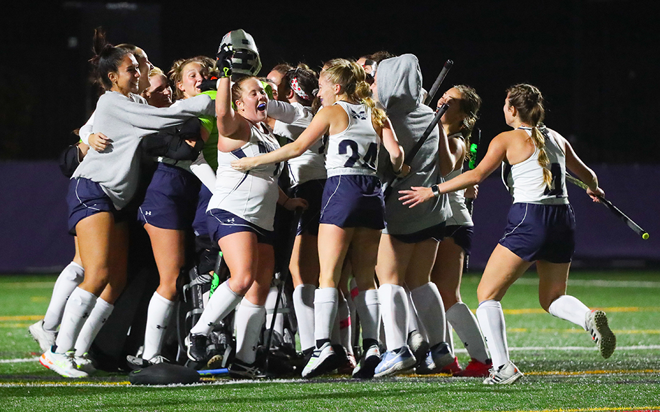 The Greyhounds celebrate their victory over top seed The University of Scranton on November 2 as the squad earned its first-ever conference championship match appearance. Photo by Timothy R. Dougherty/Double Eagle Photography
