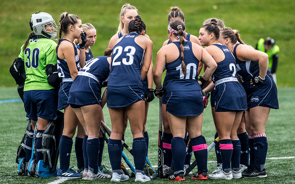 The Greyhounds huddle before the start of a Landmark Conference match versus Lycoming College on John Makuvek Field earlier this season. Photo by Cosmic Fox Media / Matthew Levine '11