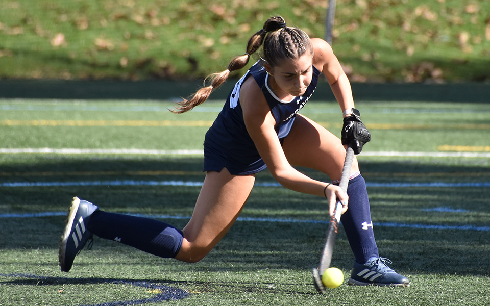 Junior forward Gia Ambrosino takes her second penalty stroke to complete her hat trick versus Wilkes University on John Makuvek Field. Photo by Roman Verdicchio '28