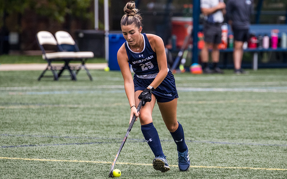 Junior forward Gia Ambrosino dribbles the ball up the field versus DeSales University on John Makuvek Field this season. Photo by Cosmic Fox Media / Matthew Levine '11