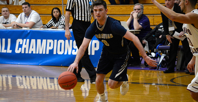 Will Brazukas '19 drives into lane during the first half of the Greyhounds' NCAA Division III Tournament game versus Ramapo College of New Jersey in Massachusetts.