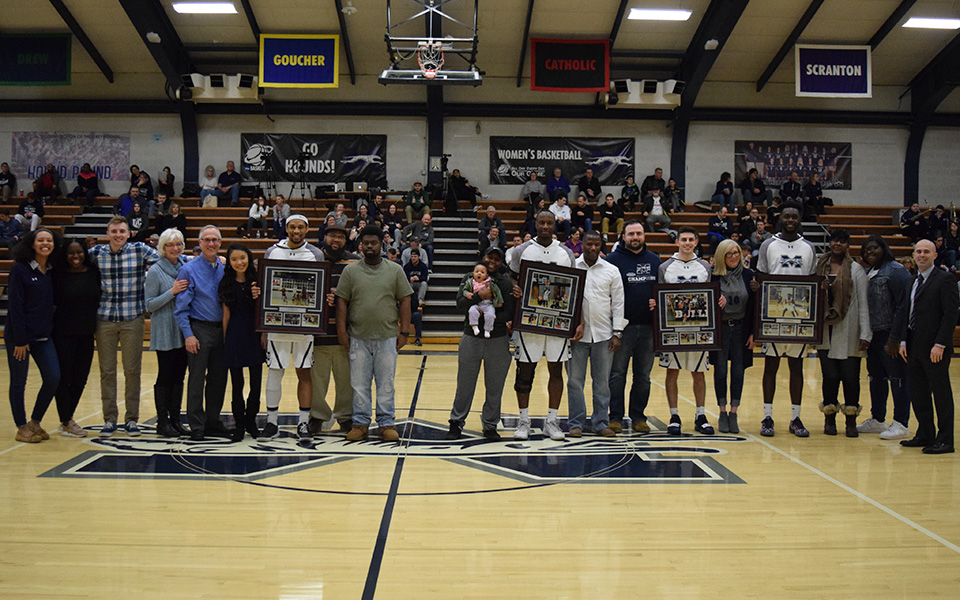 The men's basketball program's seniors and their families were honored prior to tip-off versus Elizabethtown College in Johnston Hall.
