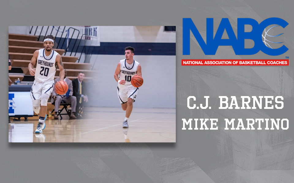 C.J. Barnes and Mike Martino dribble up the court in Johnston Hall. Both players earned NABC Honors Court accolades for 2019-20.