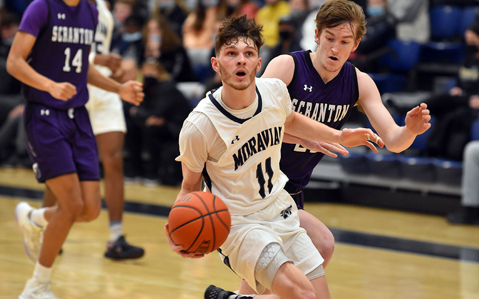 Junior guard Nate Dougherty drives to the basket in the second half versus The University of Scranton. Photo by Joshua Stout '23