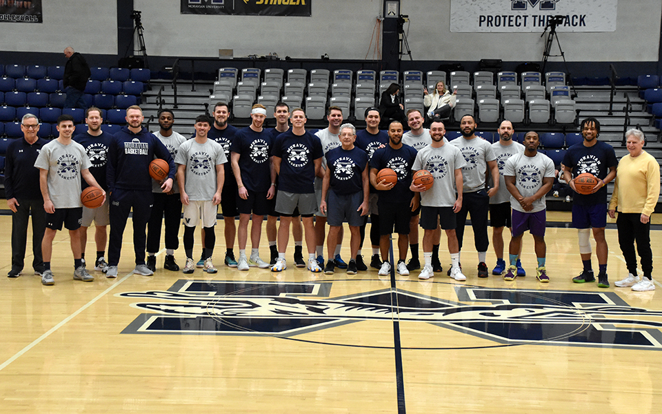 The returning Greyhound student-athletes and coaches get set for the 2023 Alumni Game in Johnston Hall on February 4.