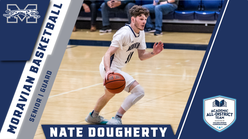 Nate dougherty dribbling up court in CSC All-Academic graphic