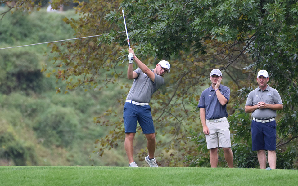 Junior Thomas Lakata tees off on the fifth hole of the Moravian Weyhill Classic in September 2019 played at the Saucon Valley Country Club.