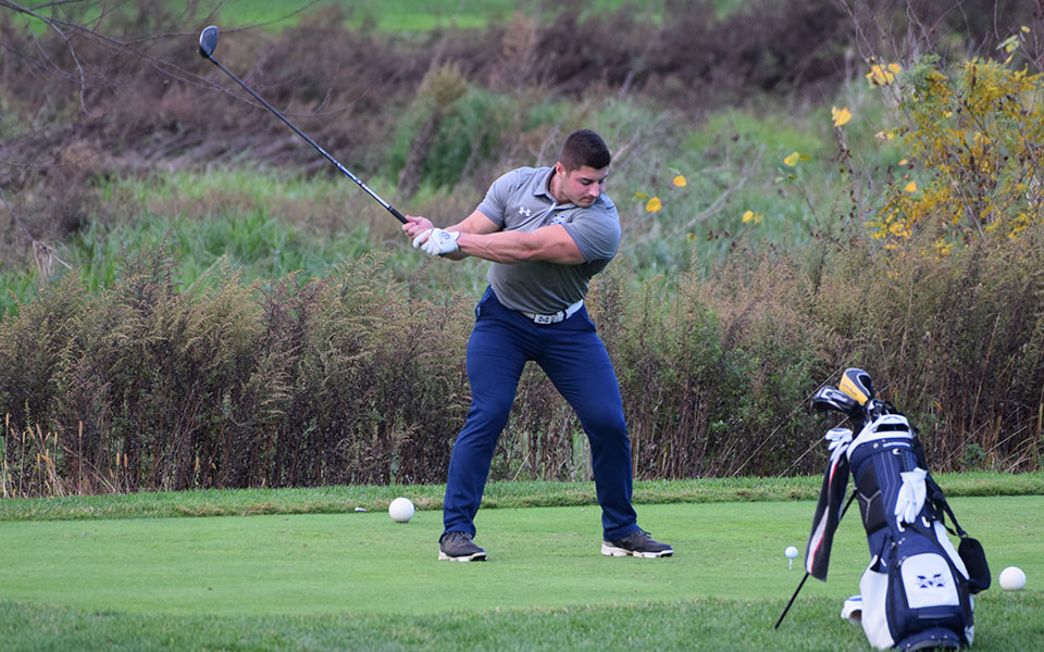 Victor Tavares '21 tees off on the second hole on the Weyhill Course at Saucon Valley Country Club during the Blue & Grey scrimmage in October 2020.