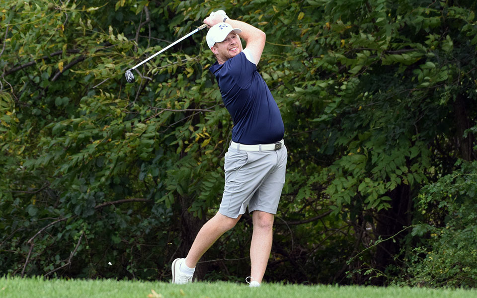 Graduate student Nick Kuhn tees off during the Moravian Weyhill Classic in September 2021 on the Weyhill Course at Saucon Valley Country Club.