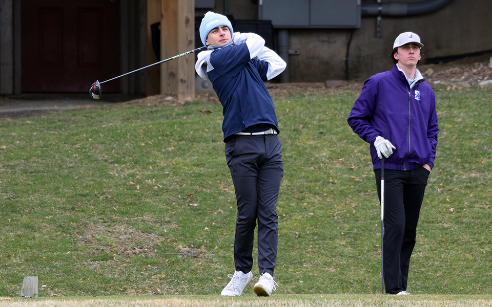 Freshman TJ Bohl tees off his round in the Moravian Invitational at Olde Homestead Golf Club in March 2022.