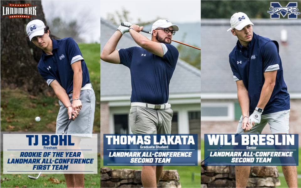 Action photos of TJ Bohl, Thomas Lakata and Will Breslin in landmark conference award graphic.