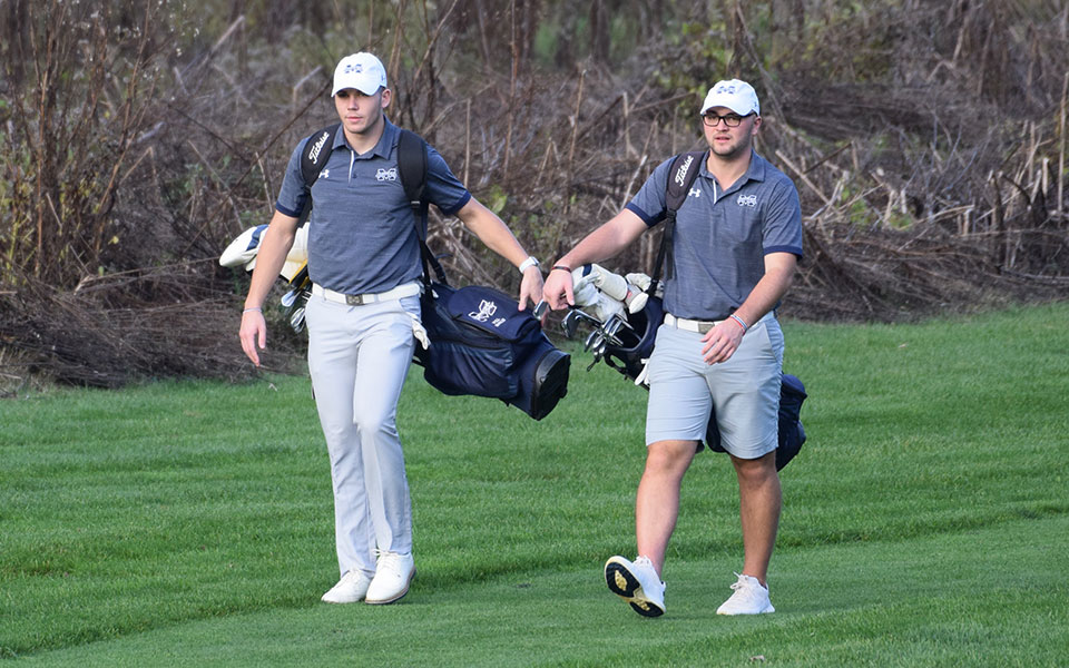 Will Breslin and Thomas Lakata walk towards the sixth green on the Weyhill Course at Saucon Valley Country Club.