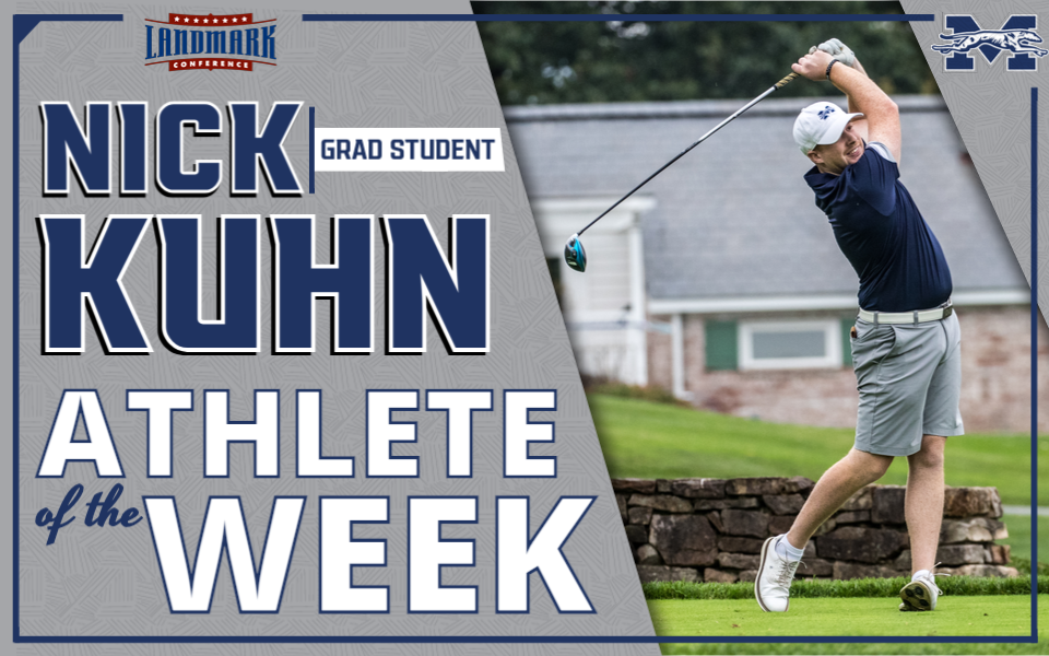 Nick Kuhn teeing off during the John Makuvek Cup for Athlete of the Week graphic.