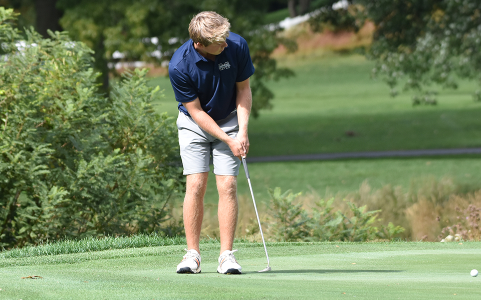 Freshman Jake Haberstumpf putts on the fifth hole on the Weyhill Course during the Moravian Weyhill Classic at Saucon Valley Country Club earlier this season.