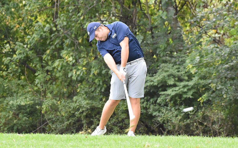 Sophomore Jason Koch tees off on the sixth hole of the Weyhill Course at Saucon Valley Country Club during the Moravian Weyhill Classic.
