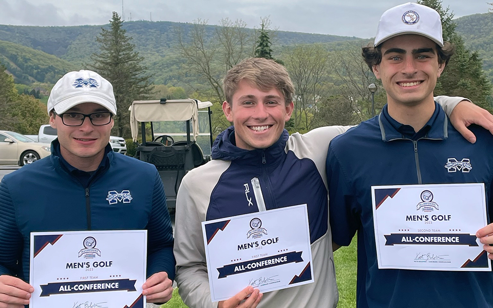 Andrew Hozza, Jake Haberstumpf and TJ Bohl with their Landmark All-Conference Honors after finishing in the top 12 at the 2023 Landmark Conference Championships.