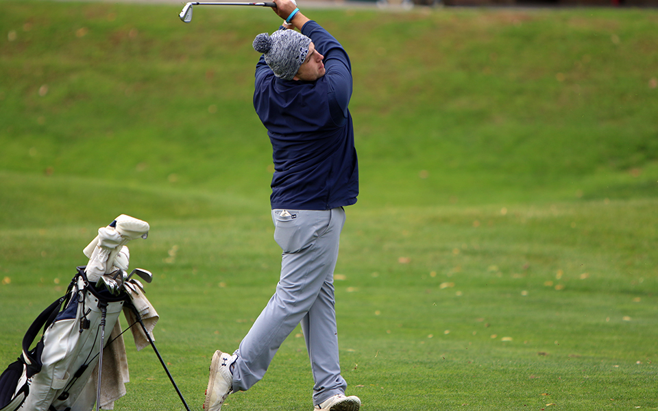 Junior Jason Koch hits a shot in the fairway during the second round of the Landmark Conference Fall Preview at Shawnee Inn & Golf Resort. Photo courtesy of Drew University Athletic Communications