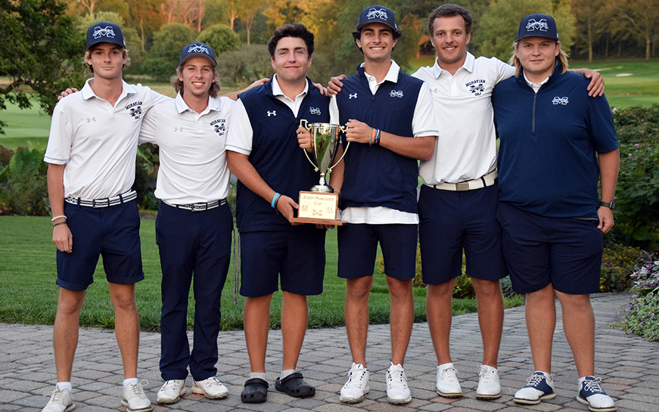 The Greyhounds hold the John Makuvek Cup after winning the tournament for the eighth consecutive time Thursday on the Weyhill Course at the Saucon Valley Country Club.