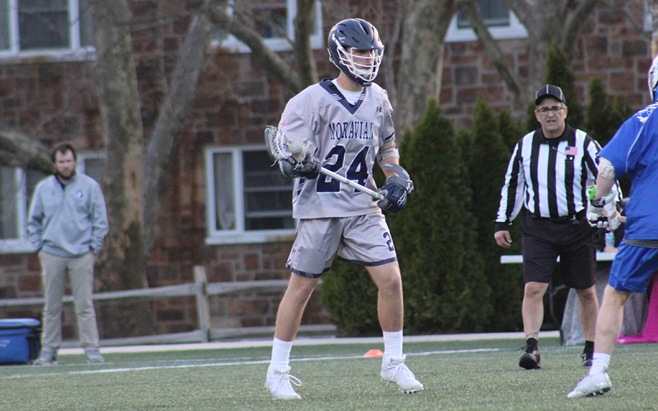 Sophomore Connor James looks to make a move on offense in the second half of a match versus Elizabethtown College on John Makuvek Field during the 2019 season.