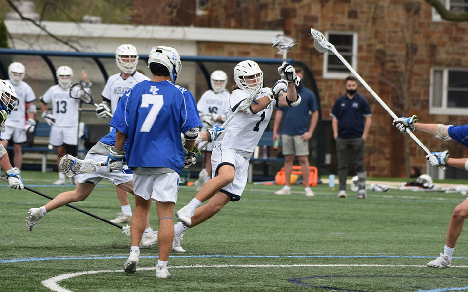 Zach Bergeron '22 takes a shot that would lead to his third goal versus Elizabethtown College in Landmark Conference action on John Makuvek Field.