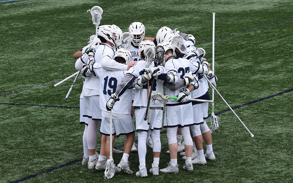 The Greyhounds get set to play The Catholic University in Landmark Conference action on John Makuvek Field in April 2021. Photo by Talea Gordon '21