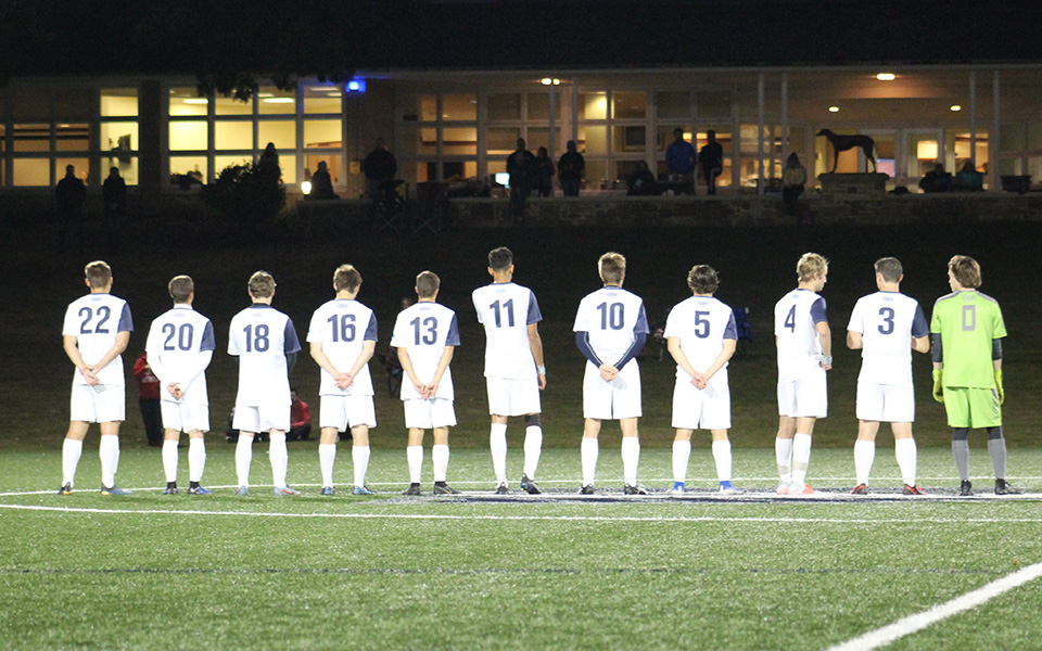 The Greyhounds are introduced before the start of a non-conference match versus Muhlenberg College on John Makuvek Field.