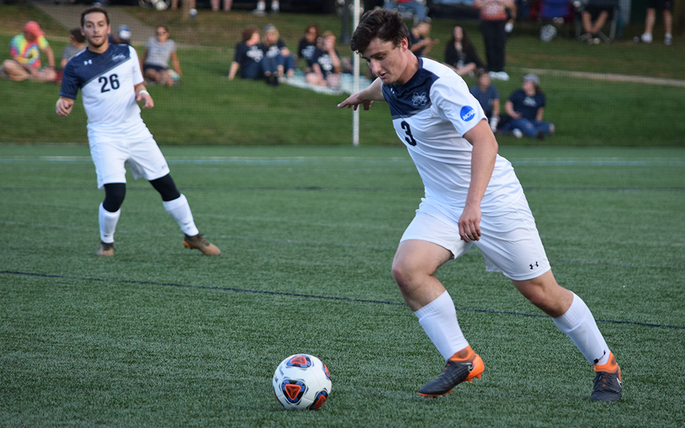 Michael Feeley gets set to drive a ball towards the offensive end in a match versus Berkeley College on John Makuvek Field during the 2018 season.